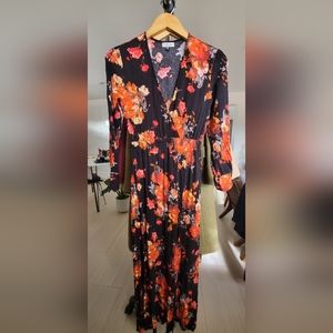 Catch Me Gauzy Breezy Surplice Gown Maxi Dress Floral Print (M)